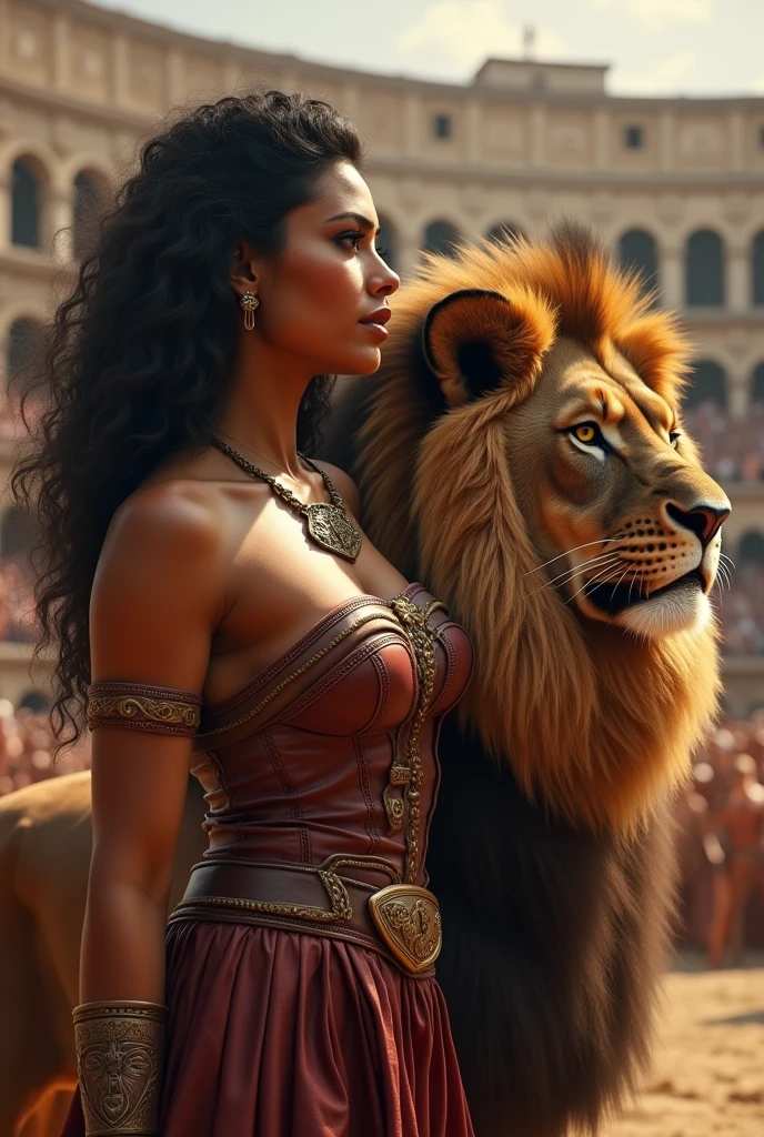 (masterpiece, best quality), ((Photorealistic)) beautiful woman gladiator, (scene: side by side with a lion in the Roman coliseum), ((detailed fighting leather gear)), 25-year-old Mexican American woman with brown skin, perfect body, necklace, ((voluptuous curvaceous perfect body)), black wild hair, perfect face, beautiful face, alluring, gorgeous eyes, fierce, (background; full coliseum of cheering people)