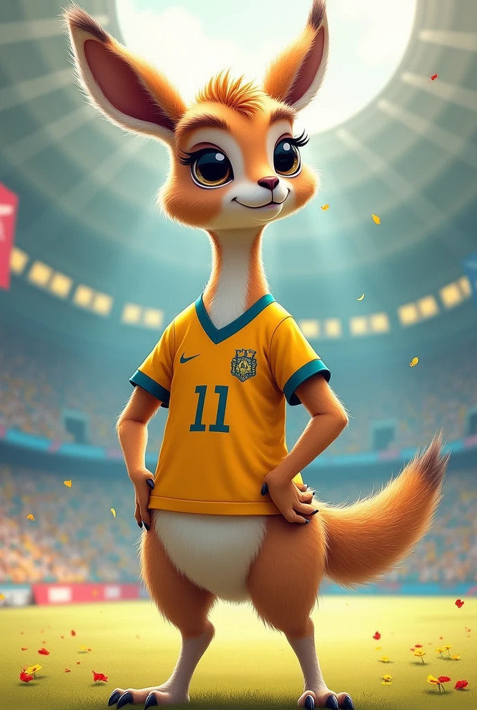 Female vicuña, Olympic mascot, with a slightly small football shirt,full body but small greeting