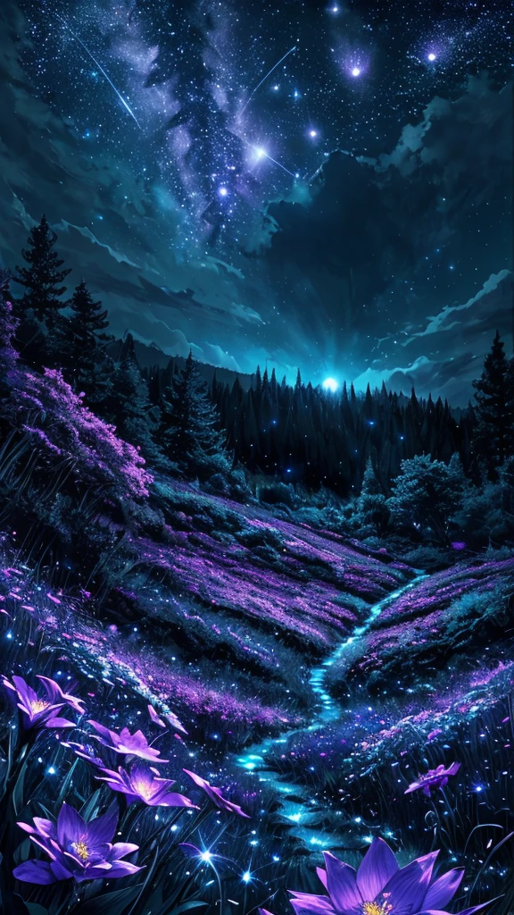 Prompt: landscape, moonlight, night time, stars, fireflies, flowers. night time, magical, fantasy, mythical, 4k, 8k, extremely clear, masterpiece, field of depth, hdr, detailed, hyper quality, vibrant, sharp focus, good composition, vivid, bright colors, high contrast,