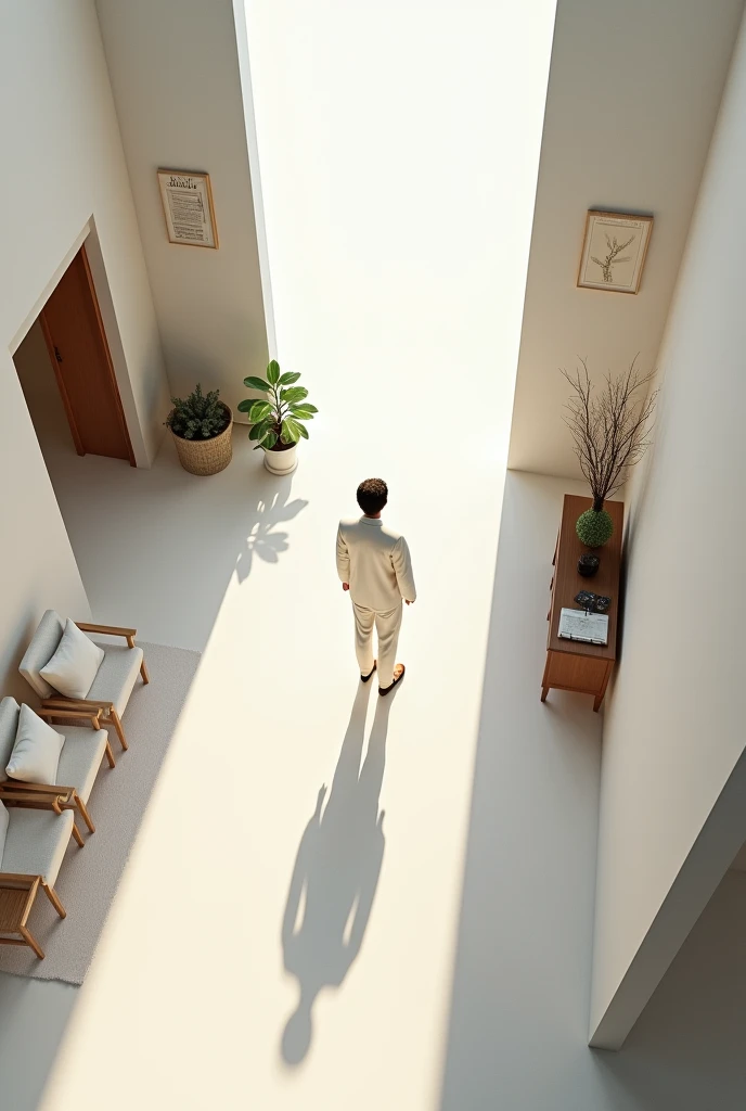 Person in a room with a vanishing point and from an above perspective