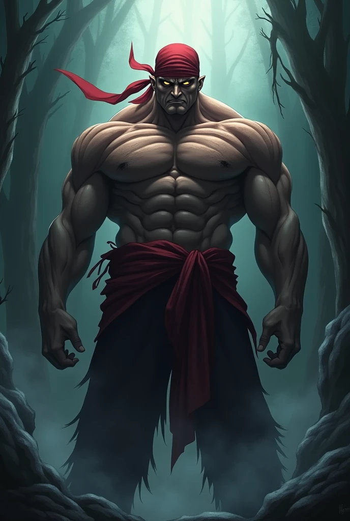 Anime villian with a buff body, dark aura and a red bandanna