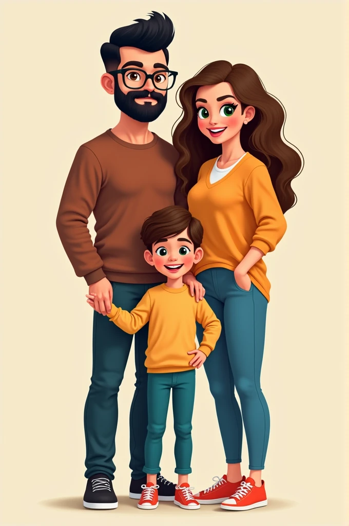 Here’s a summary of the prompts that describe the family:
1. **Dad**:
- Peruvian appearance
- Black hair with an undercut hairstyle
- Beard
- Larger expressive eyes (but with glasses)
- Brown eyes
2. **Mom**:
- Finnish appearance
- Light brown hair
- Green almond-shaped eyes
- Narrow waist, wider hips
- Taller stature
- Dressed in modern clothing, specifically blue leggings and sneakers
- Thicker pink lips
3. **Daughter (Aurelia)**:
- Long, wavy hair
- Brown eyes
4. **Son (Lucio)**:
- Curly hair
- Brown eyes