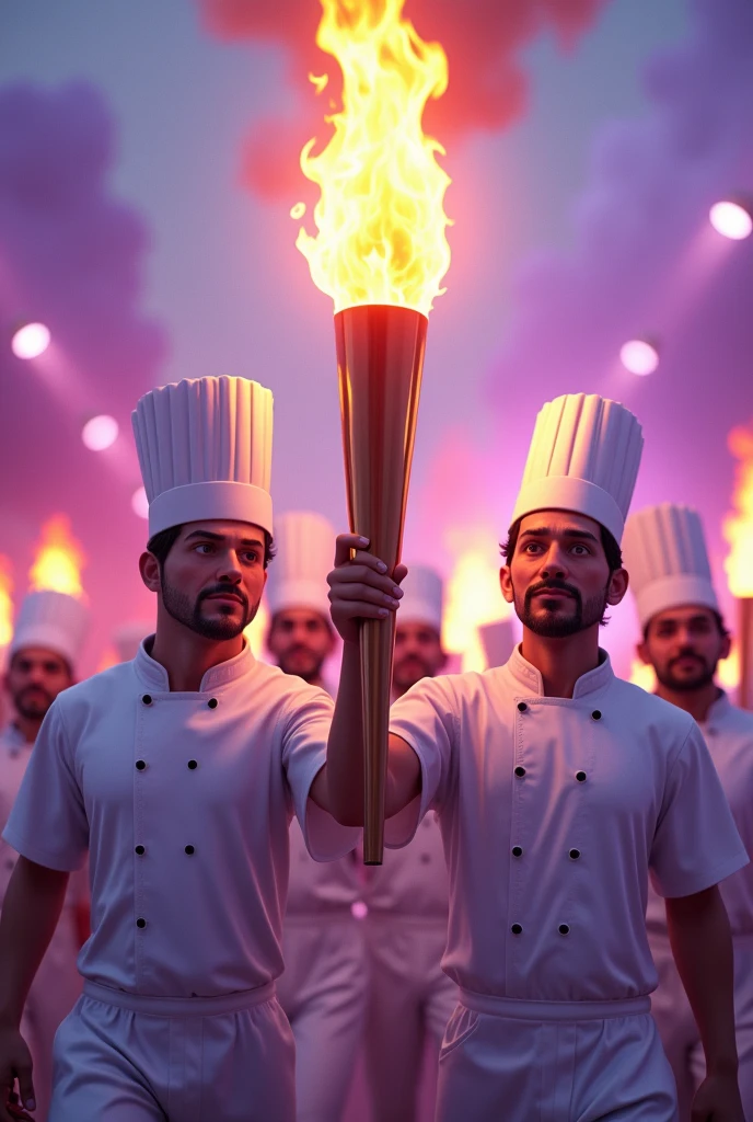 Chefs carrying the Olympic torch in purple and white to say good luck to culinary athletes