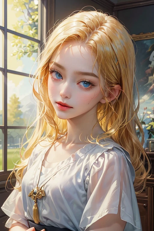 ((best quality)), ((Masterpiece)), (details), ((perfect face)),  Cute face, man, ************,  perfect proportions , Characters from the anime Gatekeeper , Casual wear, details school interior scenery background ผมบรอนซ์ทอง, blue eyes,My hair is combed to one side., golden hair, tan skin,dark skin