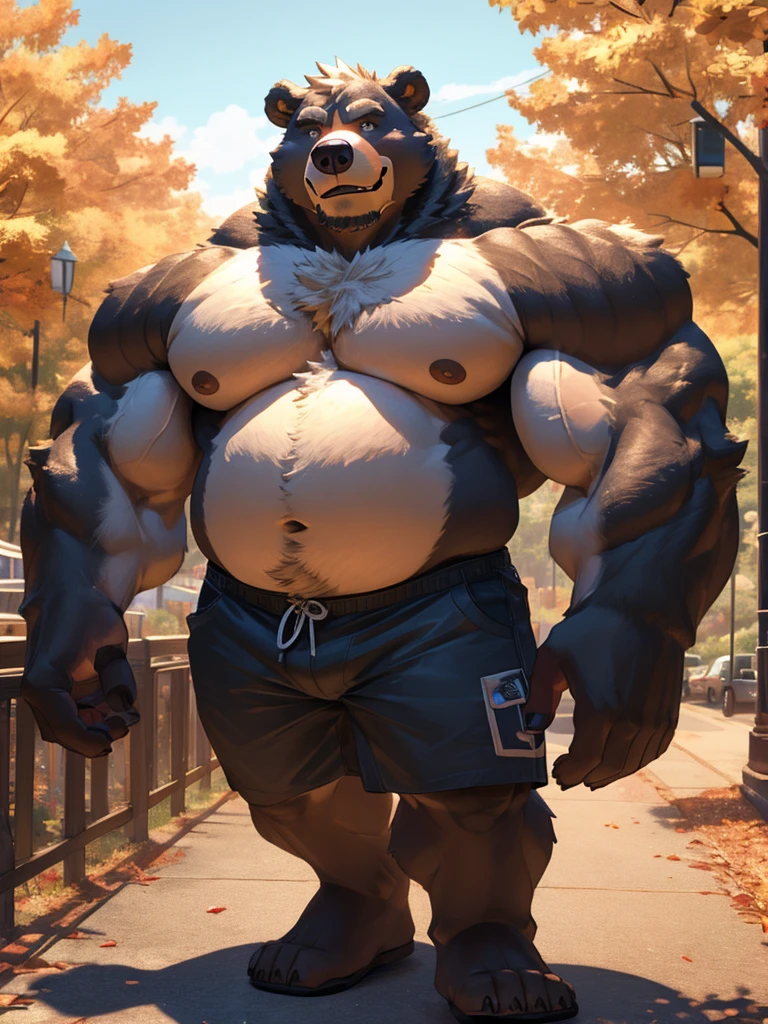1boy, 1man, solo, a potrait (furry bear), chubby, fat belly, huge belly, Park, extremely huge muscular, massive muscular , (topless, shirtless, shorts), well-muscled old man. ((extremely muscle size, super thick arms, huge pec, hyper pec, bigger chest, extremely wide pectoral , huge arms)), wide smiling. Add textures and details to make the image more realistic, such as the appearance of the. Make sure the resulting image is high resolution, 8K quality