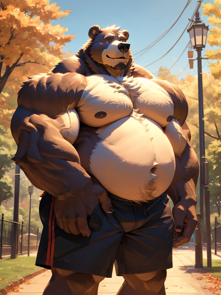 1boy, 1man, solo, a potrait (furry bear), chubby, fat belly, huge belly, Park, extremely huge muscular, massive muscular , (topless, shirtless, shorts), well-muscled old man. ((extremely muscle size, super thick arms, huge pec, hyper pec, bigger chest, extremely wide pectoral , huge arms)), wide smiling. Add textures and details to make the image more realistic, such as the appearance of the. Make sure the resulting image is high resolution, 8K quality