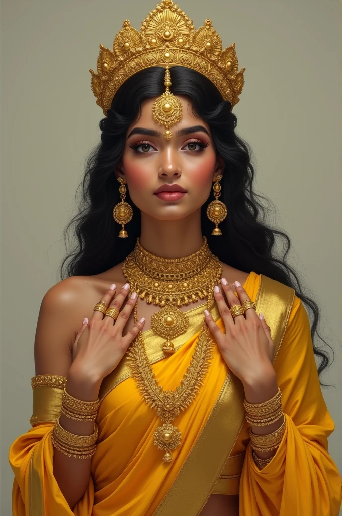 An Indian woman wears long gold ornaments in her hair, her hands are half raised to her shoulders, she is holding two gold rings in her hands, she is wearing a yellow sari and she is wearing a crown on her head.