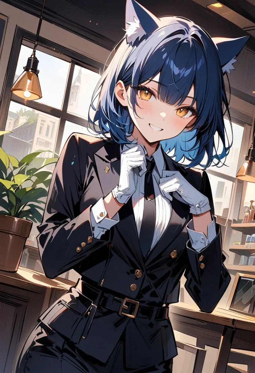 masterpiece, best quality, absurdres, score_9, score_8_up, score_7_up, source_anime, 1girl, yellow eyes, room, wariza, medium hair, pixie bob haircut, navy blue hair, happy face, portrait, blazer, starshadowmagician, solo, Adult woman, best perfect anatomy, Pose with hands tucked behind ears, Cheek resting on hand, cafe, indoors, window, crowd, standing, steam, looking at viewer, cat ears headband, white shirt, black tie, format black vest, Long-sleeved shirt, white format gloves, black trousers, dynamic angle. perfect dynamic composition, upper body, smile, Shooting up close, Shooting from the side, hanging light, ceiling light, potted plant,