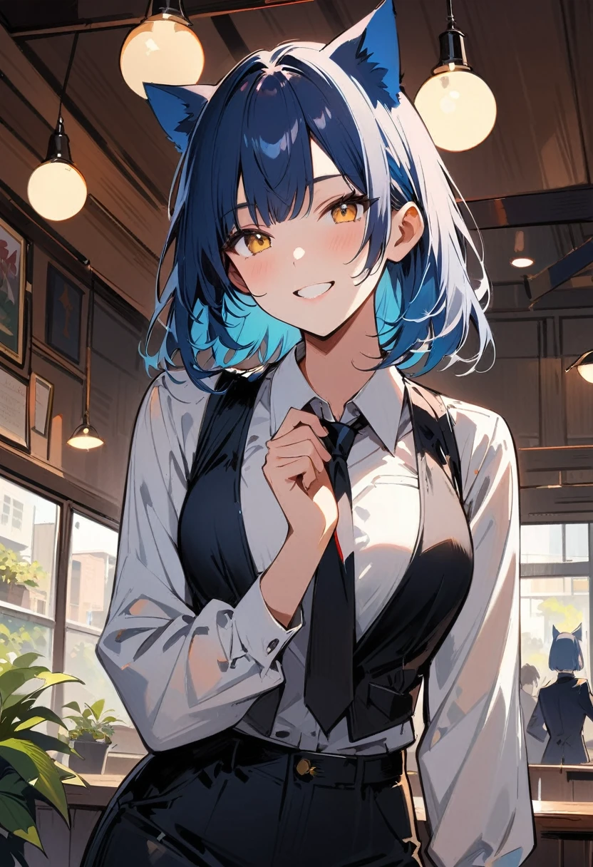 masterpiece, best quality, absurdres, score_9, score_8_up, score_7_up, source_anime, 1girl, yellow eyes, room, wariza, medium hair, pixie bob haircut, navy blue hair, happy face, portrait, blazer, starshadowmagician, solo, Adult woman, best perfect anatomy, Pose with hands tucked behind ears, Cheek resting on hand, cafe, indoors, window, crowd, standing, steam, looking at viewer, cat ears headband, white shirt, black tie, format black vest, Long-sleeved shirt, white format gloves, black trousers, dynamic angle. perfect dynamic composition, upper body, smile, Shooting up close, Shooting from the side, hanging light, ceiling light, potted plant,