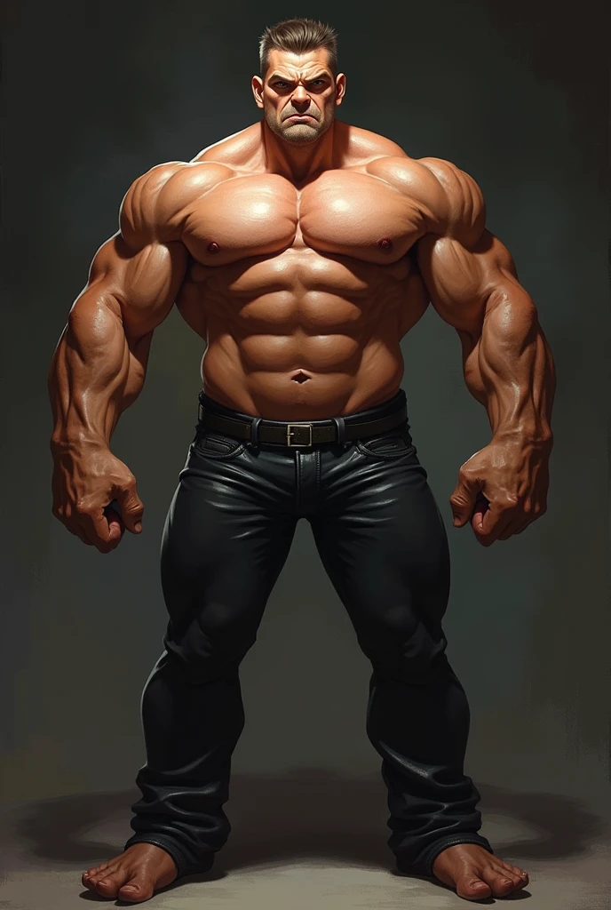 very strong adult male，Wearing tight leather pants，angry look，Fierce in appearance，beefy pectorals，Wear tight leather pants，Short hair details，Well-developed abdominal muscles，with tan skin，Abs are pronounce，Domineering appearance，rude appearance，Fierce in appearance，Full of oppression，The lower part is obviously protruding