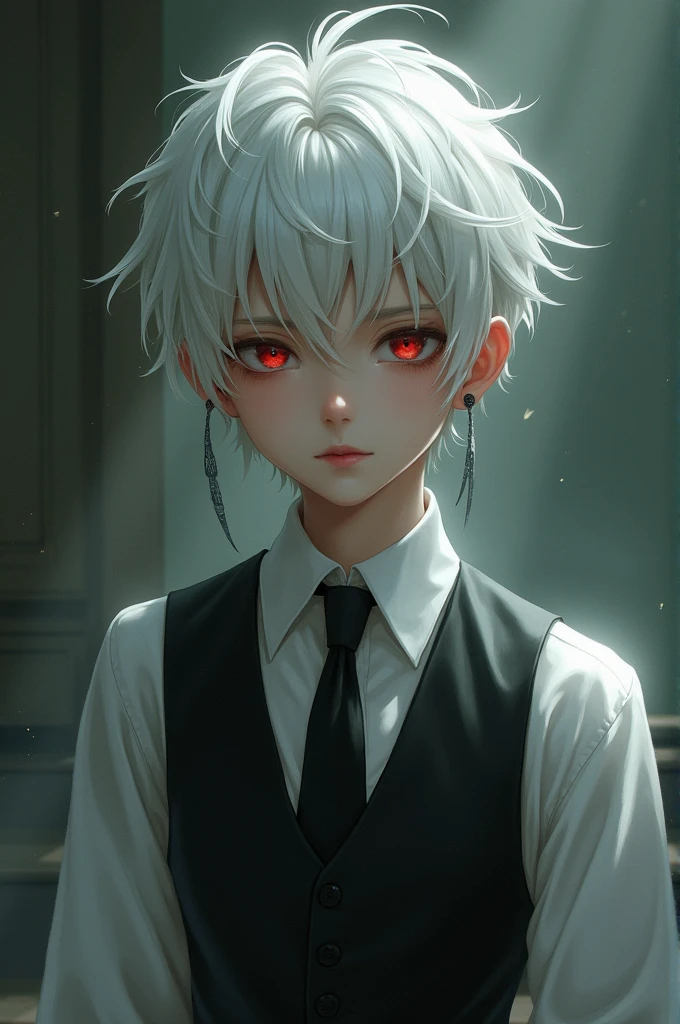 Young man with white hair, Red eyes, of serene expression, with waiter's attire