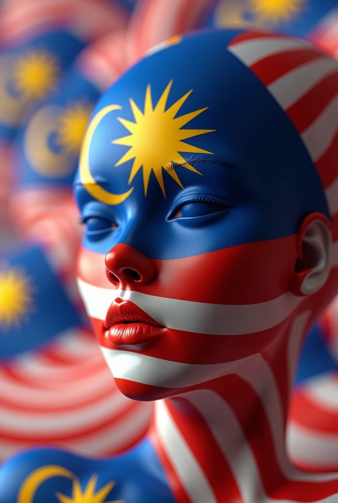 3d malaysian flag logo,repeated pattern,highly detailed,vibrant colors,realistic lighting,masterpiece,(best quality,4k,8k,highres,masterpiece:1.2),ultra-detailed,(realistic,photorealistic,photo-realistic:1.37),photorealistic,3D render,canvas,dynamic composition,studio lighting,physically-based rendering,extreme detail description,professional,vivid colors,bokeh. Human face underneath" perfect Malaysia flag"
