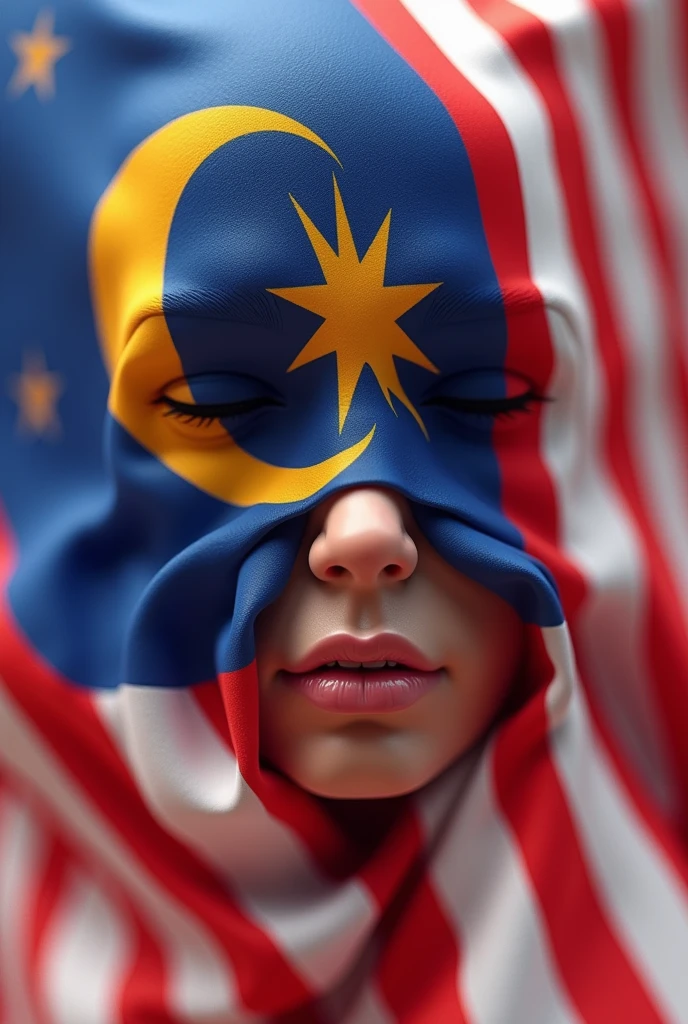 3d malaysian flag logo,repeated pattern,highly detailed,vibrant colors,realistic lighting,masterpiece,(best quality,4k,8k,highres,masterpiece:1.2),ultra-detailed,(realistic,photorealistic,photo-realistic:1.37),photorealistic,3D render,canvas,dynamic composition,studio lighting,physically-based rendering,extreme detail description,professional,vivid colors,bokeh. Human face underneath" perfect Malaysia flag"