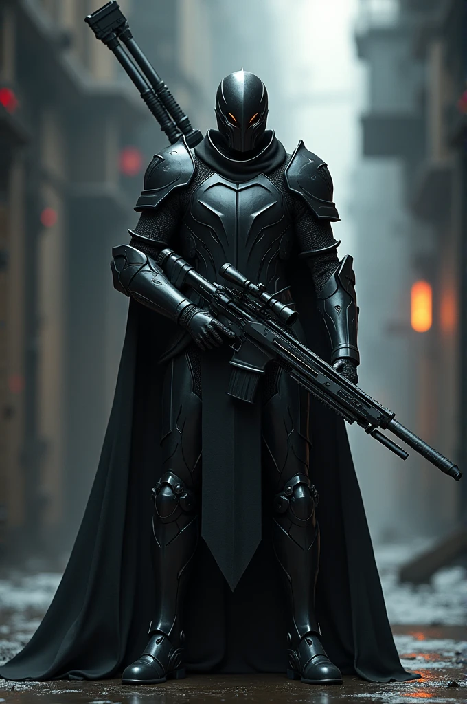 An animated black and silver knight with a double sword on the back while holding a sniper