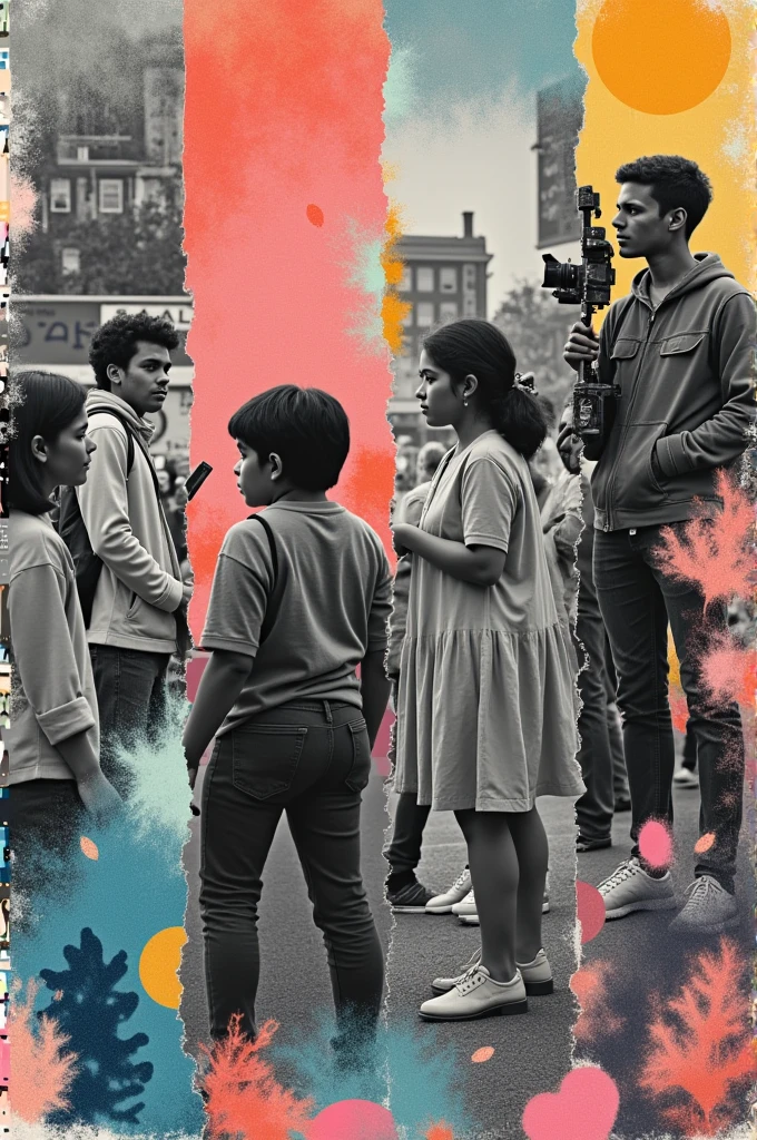 I have to creatively create a poster for a film festival, The theme is to intervene in history and requires using photos other than black and white of students making films., The photos are not related to each other and remain in black and white out of nostalgia.. I must use elements of intervention on the black and white photos, an official palette of pastel sky blue, pastel pink and a pastel copper color, They want me to intervene in the images in a sober and experimental way with different techniques and these colors, with crayons, figures embroidered on the image, Textures, collage, etc. The name of the film festival is FICUC. I want you to create suggestions for the poster right now, Make it look handmade and remember that the poster is advertising a film festival. Let it be ingenious, epic and visually communicate the theme of cinema and creativity. Don't forget to leave a space for the name of the festival.