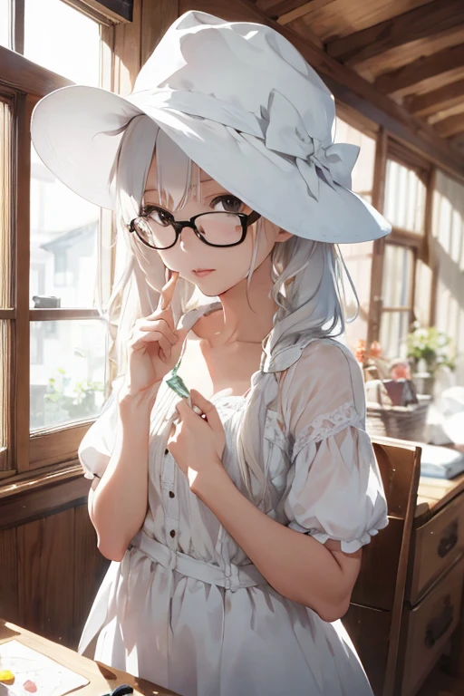 1 female,  , playing dolls, white long hair, glasses, white dress, summer hat, in home, kiss kiss, lip