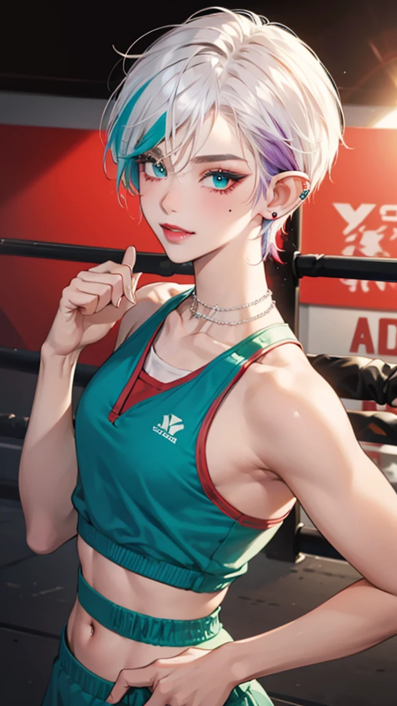 8k, masterpiece, best quality, highly detailed, 1 girl, elf, pixie cut, multicolored hair, very short straight hair red highlight hair on white hair, strippled hair, earrings, navel piercing, red eyeshadow, long eyelashes, blushed cheek, red lips, pearl necklace, rings, collarbone, muscular, mole on face, glamorous, teal and purple clothes, sleeveless, sport skirt, sport bra, smirk, close up view, rings, looking at viewer, boxing gym, boxing glove, MMA