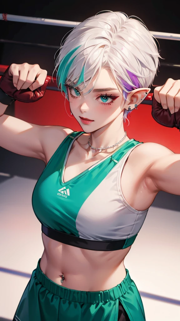 8k, masterpiece, best quality, highly detailed, 1 girl, tiefling, warlock, pixie cut, multicolored hair, very short straight hair red highlight hair on white hair, strippled hair, wearing glasses, round glasses, earrings, navel piercing, red eyeshadow, long eyelashes, blushed cheek, red lips, pearl necklace, rings, collarbone, mole on face, glamorous, teal and purple clothes, sleeveless, sport skirt, sport bra, smirk, close up view, rings, looking at viewer, demon horns, boxing gym, boxing glove 
