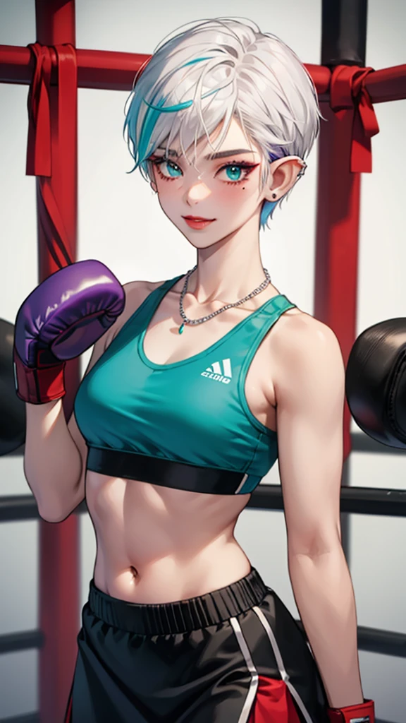8k, masterpiece, best quality, highly detailed, 1 girl, elf, pixie cut, multicolored hair, very short straight hair red highlight hair on white hair, strippled hair, earrings, navel piercing, red eyeshadow, long eyelashes, blushed cheek, red lips, pearl necklace, rings, collarbone, muscular, mole on face, glamorous, teal and purple clothes, sleeveless, sport skirt, sport bra, smirk, close up view, rings, looking at viewer, boxing gym, boxing glove, MMA 