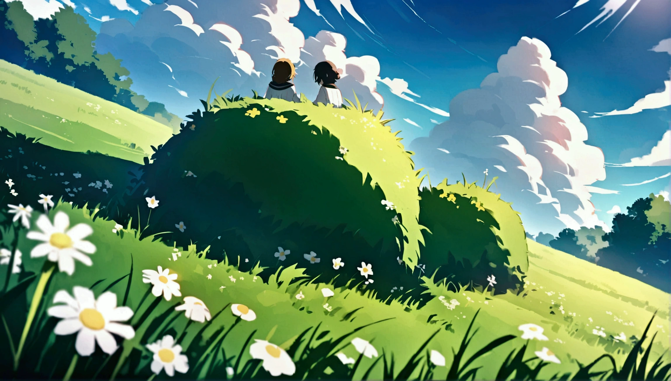 Scene Anime 4K Blue sky and before the clouds, beautiful in the sky and green grass, there are small white flowers in the grass, the atmosphere is relaxing, beautiful and gentle.