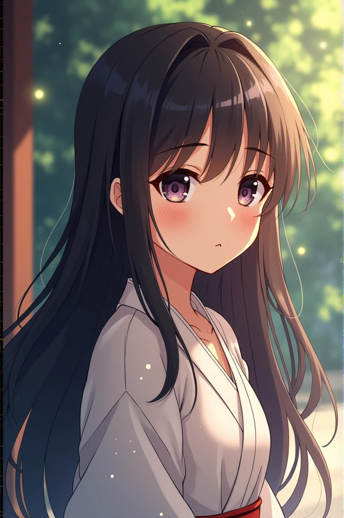 Create an anime style character, a girl with long dark brown hair and dark eyes