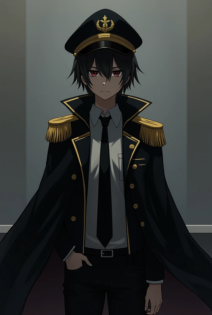 depressed teen captain anime with a black and gold Black Captain Jacket with a white shirt inside and a black tie and gold captain hat the face is covered with shadow and the Black gold Captain's Cloak hanging on the back


