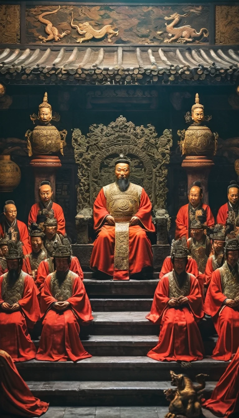 Portrait of Emperor Qin Shi Huang, short in stature (4.11 meters tall), sitting on a jade throne with carved dragons. He wears gold and red imperial robes, surrounded by advisors who are visibly taller than him.