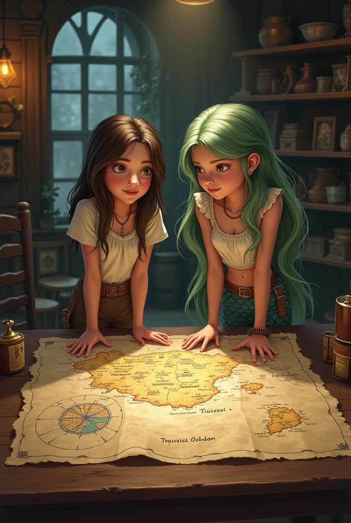 bottom: A shop or an old house with an old map on a table.
Main character: Valeria and the mermaid look at the map with interest.
Additional Details: The map must be detailed, with ancient symbols and a clearly marked location. Use aged colors for the map.