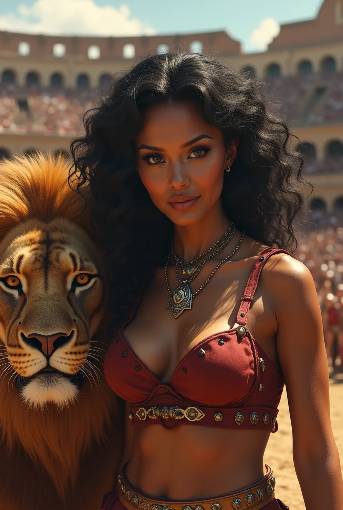 (masterpiece, best quality), ((Photorealistic)) beautiful woman gladiator, (scene: side by side with a lion in the Roman coliseum), ((detailed fighting leather gear)), 25-year-old Mexican American woman with brown skin, perfect body, necklace, ((voluptuous curvaceous perfect body)), black wild hair, perfect face, beautiful face, alluring, gorgeous eyes, fierce, (background; full coliseum of cheering people)