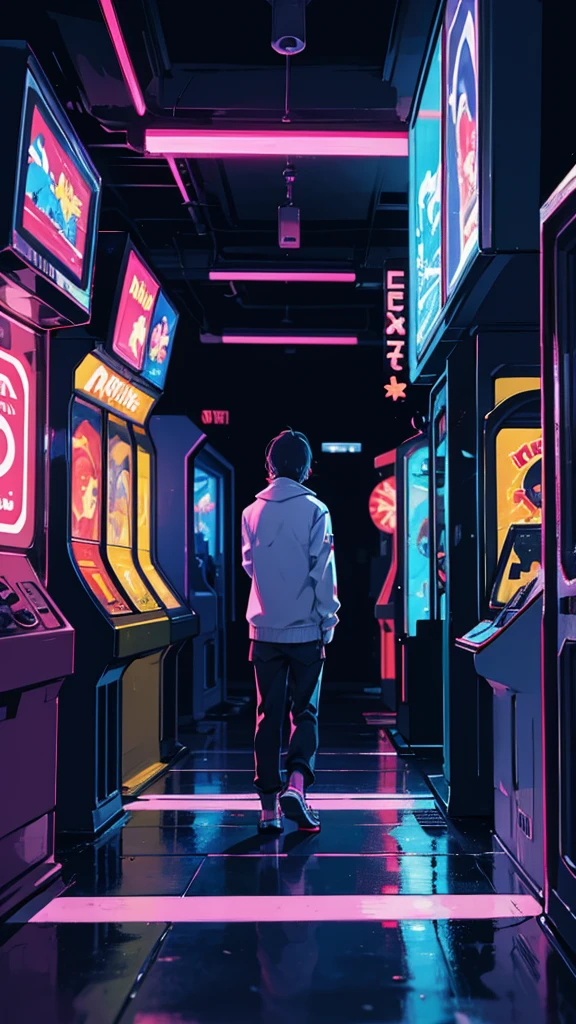 no person, arcade, video games, dark room, neon lights,