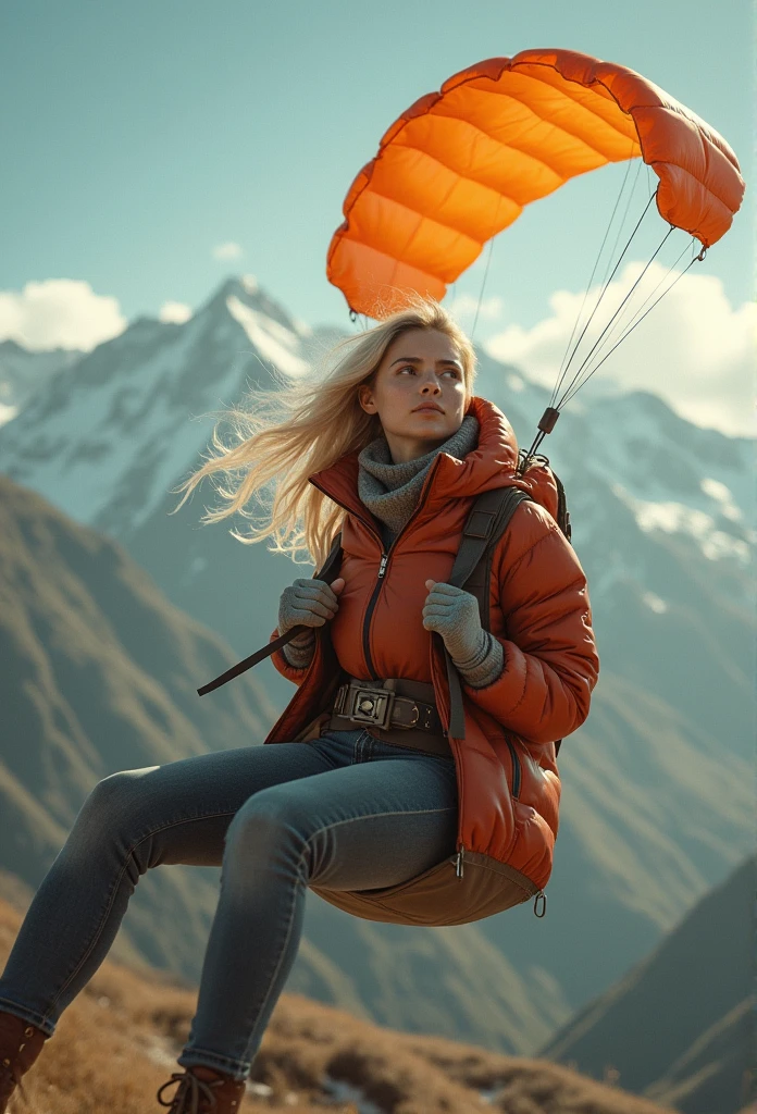 Blonde woman with Scandinavian features parachuting