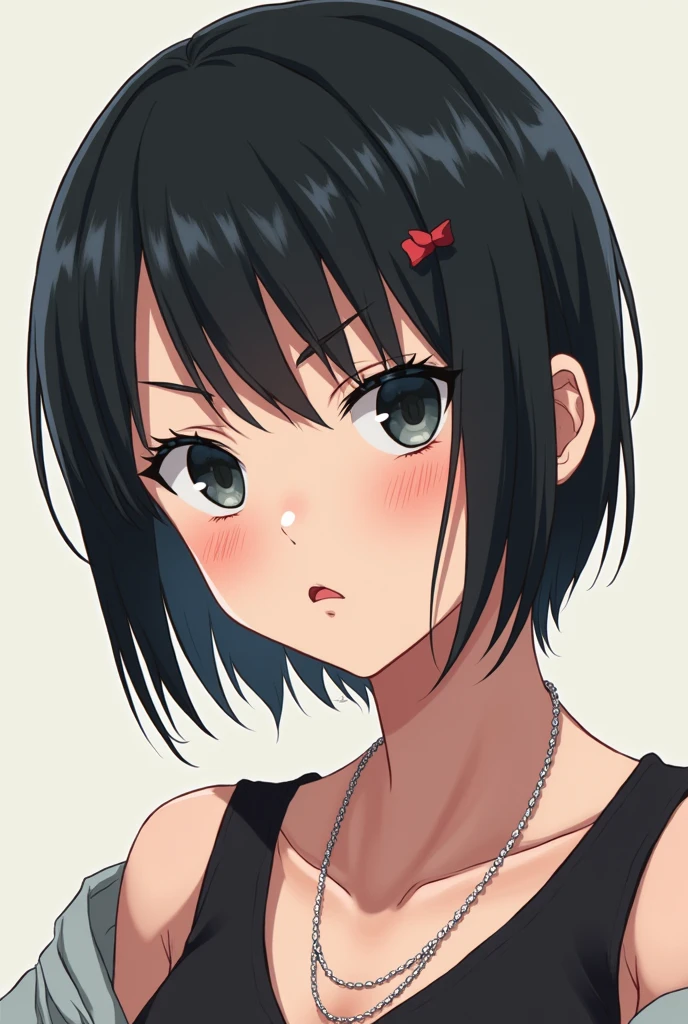 anime styling/white woman drawing, Bullish, very short black hair almost bald, dark shaped eyes, ear plug