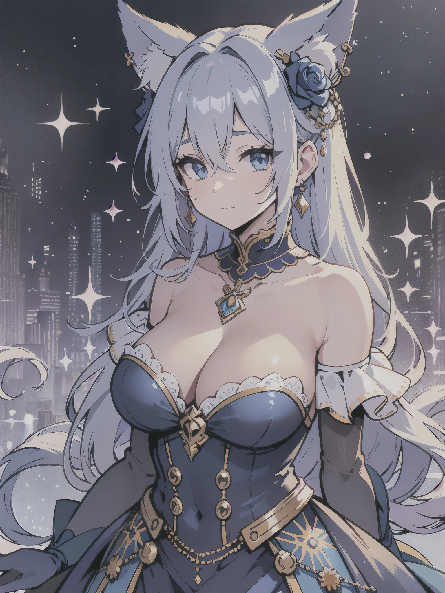 1 woman, adult, mature, voluptuous, cleavage, large breasts, solo, upper body, bare shoulders, blue dress, yellow flower, blue ribbon, closed mouth, collarbone, dress, ear piercing, earrings, animal ear fluff, animal ears, fox ears, hair between eyes, hair flower, hair ornament, jewelry, long yellow hair, long sleeves, makeup, strapless dress, piercing, blue eyes, blue ribbon, ring, rose, magic, sparkles, bokeh, glitter, vantage point, 4 point perspective, flat color, manga style, CelShade, arms behind back, vivid color palette of bright blues and yellows,