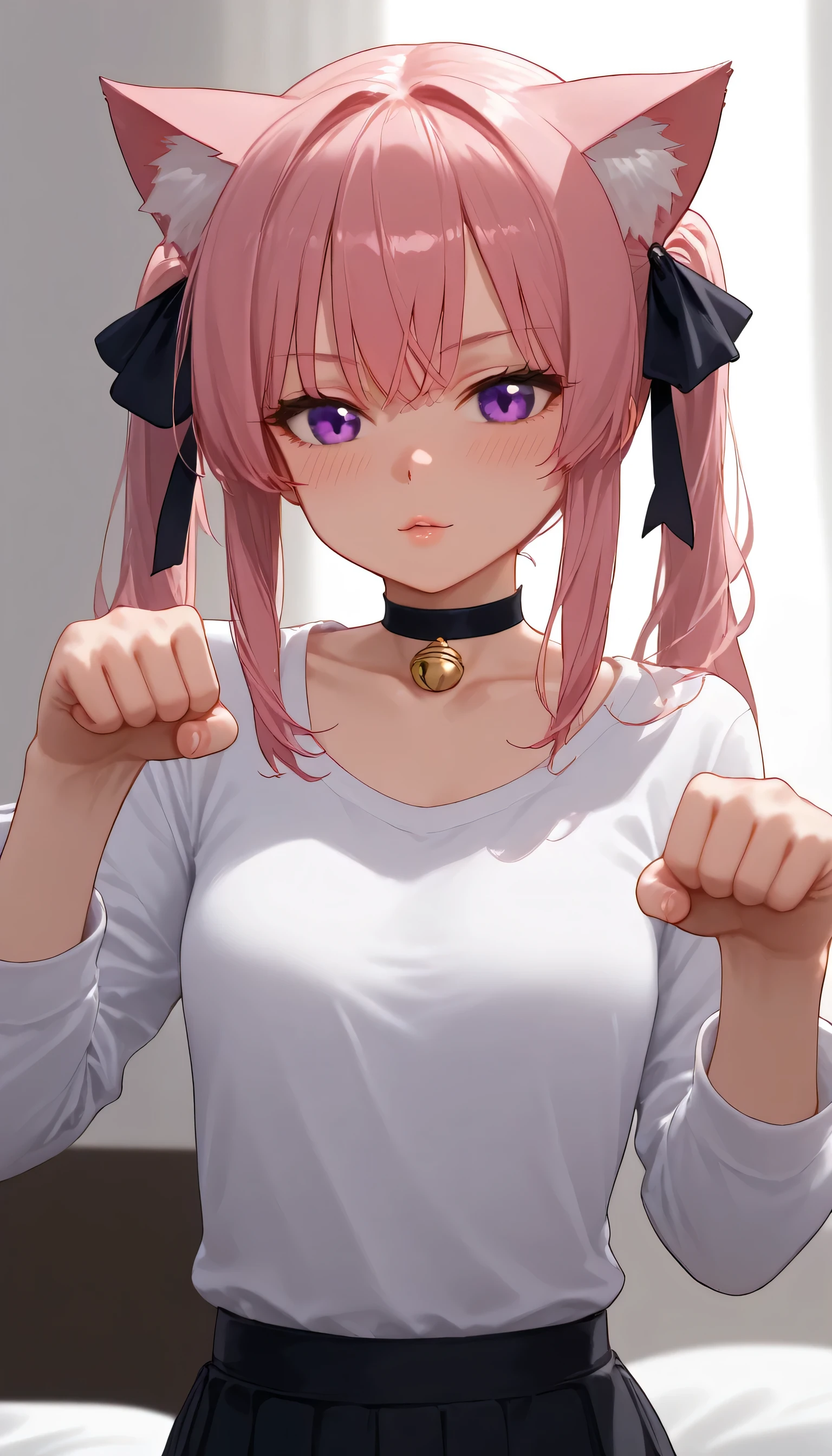 shiny skin, 1girl, ponytail hairstyle, parted lips, black skirt, ((purple eyes, beautiful detailed eyes, (cat pulils)), blush, breasts, shirt, small breasts, solo, looking at viewer, pink hair, long pink hair, white shirt, closed mouth, long sleeves, ((straight hair)), collarbone, kemonomimi, cat ears, pink cat ears, cat choker, black cat choker, bangs, paw pose, 