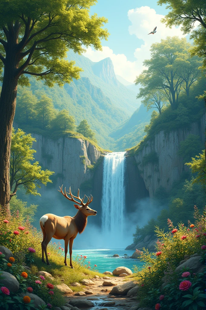 Create me a image of nature where this is beautiful trees with fruits, flowers blooming from plant, beautiful water fall, calm and peace whether and environment, sunshining. Animal gazing.