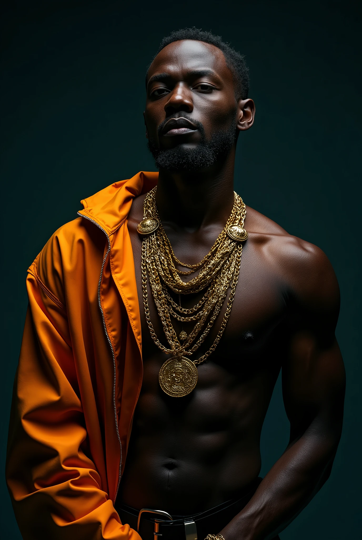 A black man wearing flashy gold Chains, flamboyant clothing, detailed fashion, dramatic pose, dynamic lighting, hyper-realistic, cinematic, striking colors, vibrant, moody, high contrast, Superb composition, elegant and simple background,meditative mood,(masterpiece), best quality,