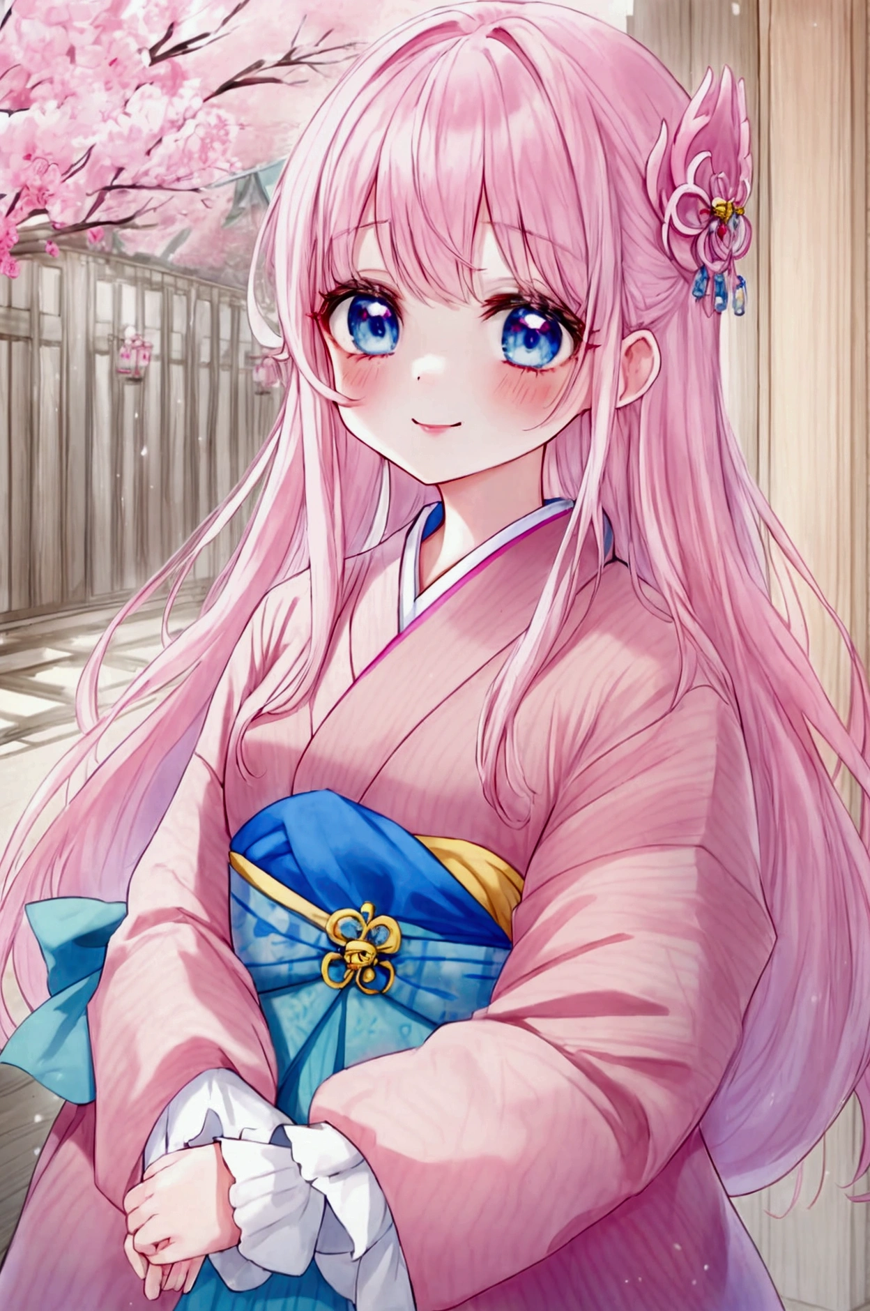 ((masterpiece、Highest quality))cute、alone、Idol、Pink Hair、Tie back style、Long Hairstyles、Blue eyes、smile、sight、Red cheeks、cuteポーズ、Small breasts、kimono、Maiko、Dragon Palace、bell、lipstick purple、Beauty、Demure、Bangs、Clear、Magical girl、Idol、White makeup