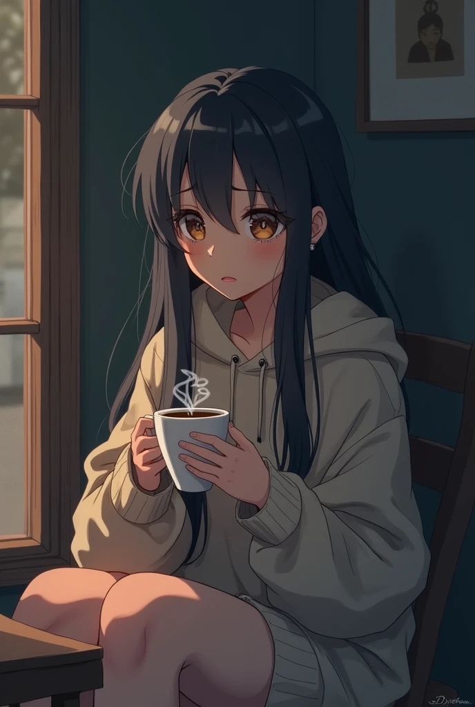 Sad anime style femboy boy drinking hot chocolate