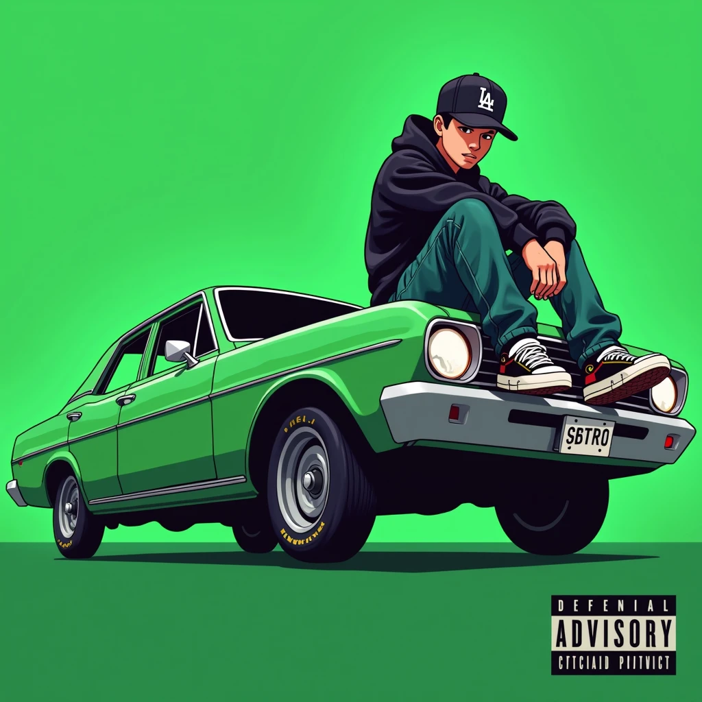 Image of a man sitting on the bonnet of a car, Yoshihiko Wada's album cover, winner of the behance contest, Doodle, official artwork, rap album cover, hip - hop album art cover, colored album art, hip hop music album cover, rap album cover art, official fanart, GTA Cover, hip hop album cover, album art cover, G-FUNK Hip Hop album cover, green background, green car, with the words 'If WONA behemes a gangster' on the back of the picture, an Asian ager wearing a black LA hoodie, a black LA ball cap with a deep press and a wide pair of jeans down, a troublemaker boy sits on the bonnet of a car and lets the car out to the side