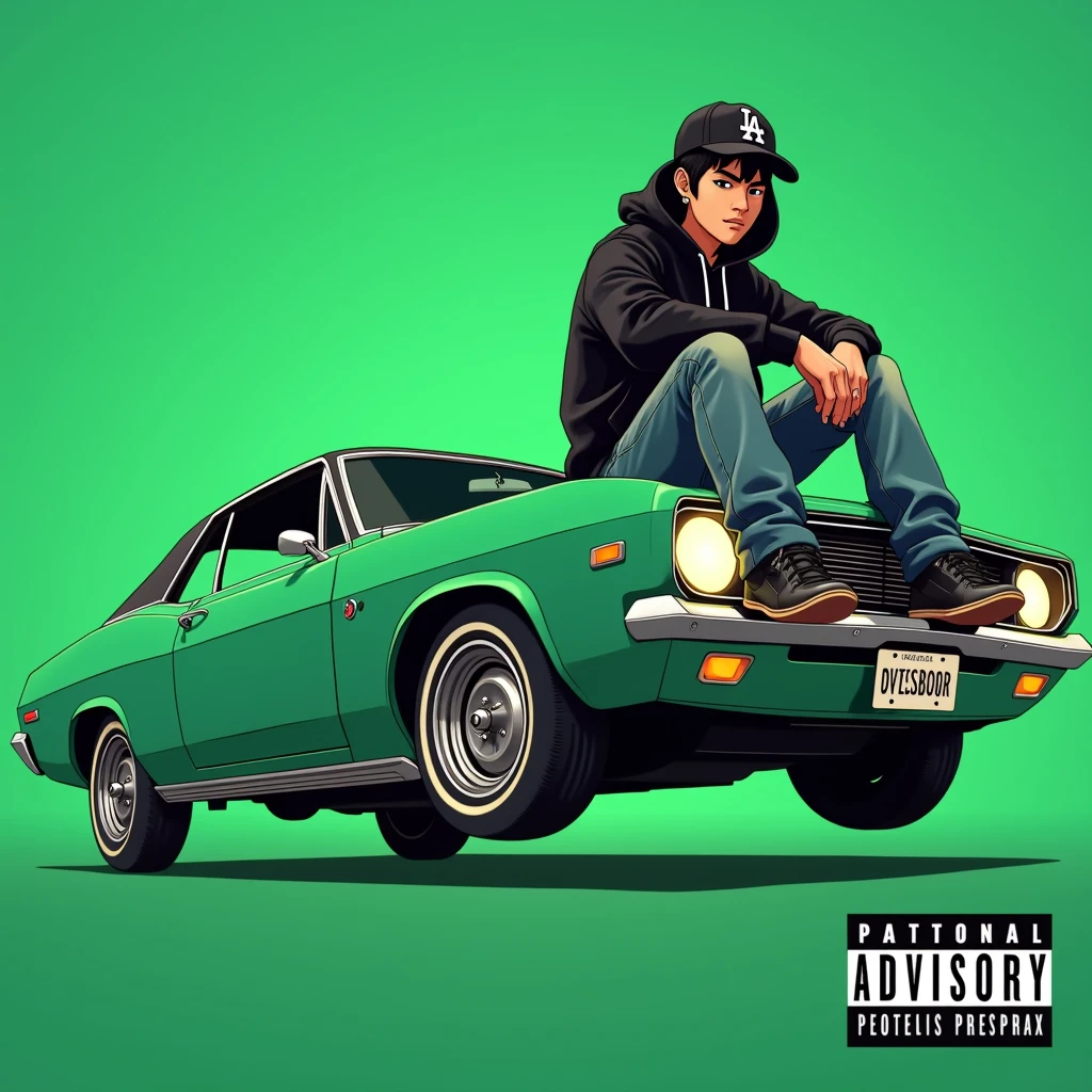 Image of a man sitting on the bonnet of a car, Yoshihiko Wada's album cover, winner of the behance contest, Doodle, official artwork, rap album cover, hip - hop album art cover, colored album art, hip hop music album cover, rap album cover art, official fanart, GTA Cover, hip hop album cover, album art cover, G-FUNK Hip Hop album cover, green background, green car, with the words 'If WONA behemes a gangster' on the back of the picture, an Asian teenager wearing a black LA hoodie, a black LA ball cap with a deep press and a wide pair of jeans down, a troublemaker boy sits on the bonnet of a car and lets the car out to the side