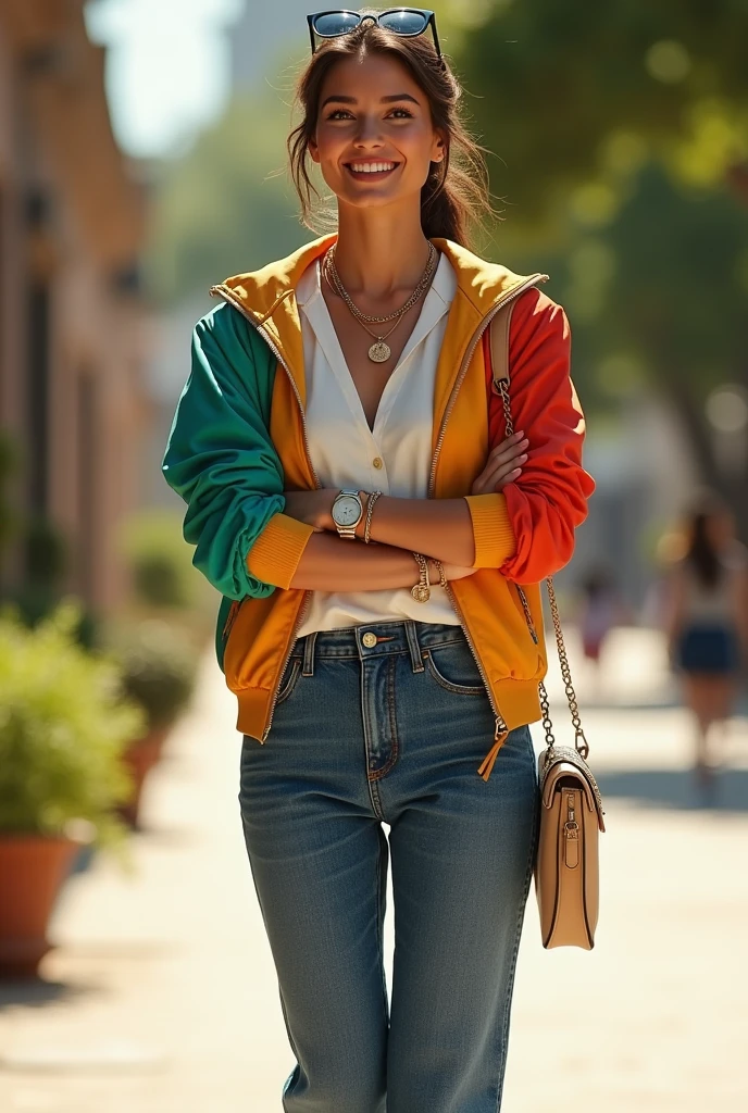 Beautiful white skin latin woman, 5'7" tall, ponytail medium brown hair, deep green eyes, wearing coloured gray, blue and white zipped up windbreaker shell down jacket, rolled up sleeves, zipping up jacket, black formal button down blouse with up collar over jacket, belted high waisted wide legs denim pants, happy smile, walking outside, high hill sandals, summer sunny day, bag, crossing arms, hand under chin, sun glasses over head, watch and bracelet, neck chain, full body