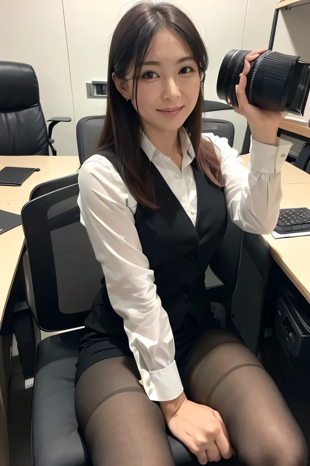 URZAN-6500-v1.1, (RAW Photos:1.2), (Realistic), (flying debris), (Genuine:1.4), １Mature Woman, Perfect Anatomy, 4, Looking into the camera, Medium Long Hair, Black vest:1.8, Black tight skirt, ((She sits in a business chair for the office:1.3)), (Super realistic black sheer pantyhose:1.2), (High heels)、(Business services), (Please sit down and spread your legs. to the sides:1.5), (Please sit down and spread your legs.:1.5), Panty shot:1.3, Small white sexy panties:1.3, (Photographing a face from below:1.3, Starting from the groin:1.3), (The most natural and perfect crotch:1.1), (Perfect Hips:1.1), Most immersive, (Perfect Anatomy with attention to detail:1.3), (The image below perfectly captures her crotch to her face..:1.5), look forward to, She rests both hands on the armrests of the chair, (Front image:1.3, Turn your body towards the camera:1.3, To the camera:1.7),
