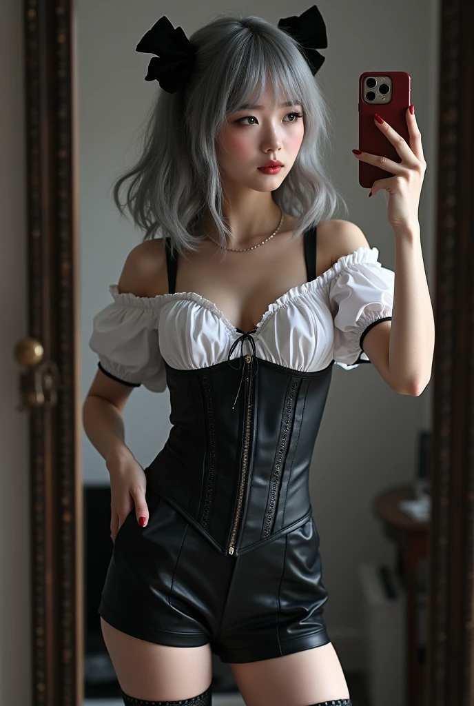 highly detailed, beautiful, hyper Realistic girl, masterpiece, best quality, Japanese sexy gravure Instagrammer, 28-years-old, identity hidden, all body shot, , takes a selfie in her room using a smartphone in front of a mirror with one hand, fashion model Posing, standing, looking away from the camera, /// gray arranged hair, light color eyes, Realistic skin, Detailed face, /// sexy Pierrot Costume, Opt for a fitted corset bodice with black and white diamond patterns, accentuating the waist, Layer with a ruffled, off-the-shoulder blouse in contrasting black and white hues, adorned with oversized bows for a whimsical touch, Pair with high-waisted black short Leggings, featuring exaggerated ruffles or pleats for added volume and drama, Accessorize with black and white striped stockings or tights, and patent leather ankle boots with oversized buckles for a modern twist on classic clown footwear, arranged gray hair, /// Monotone simple modern taste single room, mirror, complicated background