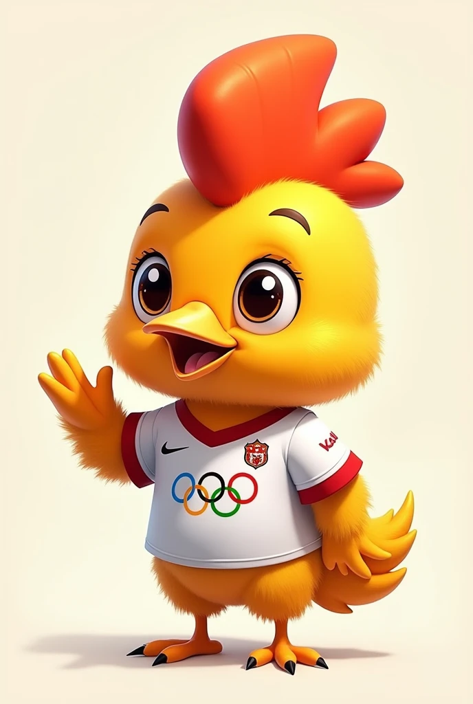 Cock of the Rock Olympic mascot with a slightly small football shirt,full body but small greeting


