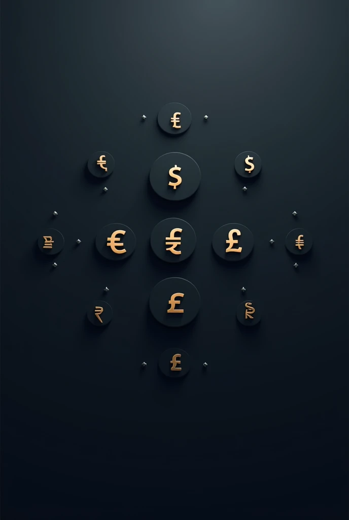 Generate a Minimalistic Walpaper for A Currency Calculator web application. The Wallpaper should have elements such as Famous Currency symbols like USdollar,yen,rupee,British pound and many more. The Wallpaper should be made For Dark Mode Setting.