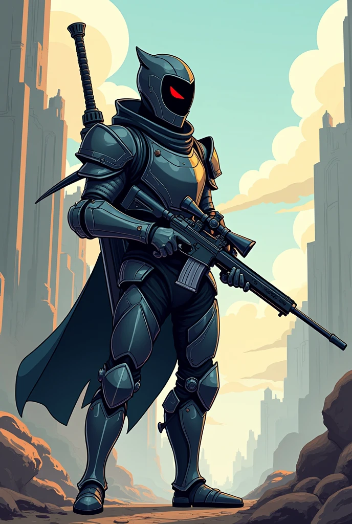 A cartooned black and silver knight with a double sword on the back while holding a sniper
