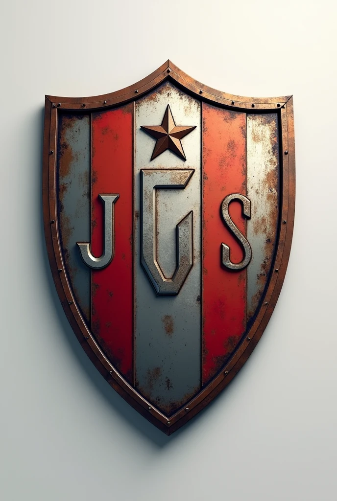 Can you create a football shield for me with 3 stripes inside it that are light blue, white and green that has the initials JG and has a star above it and is realistic?