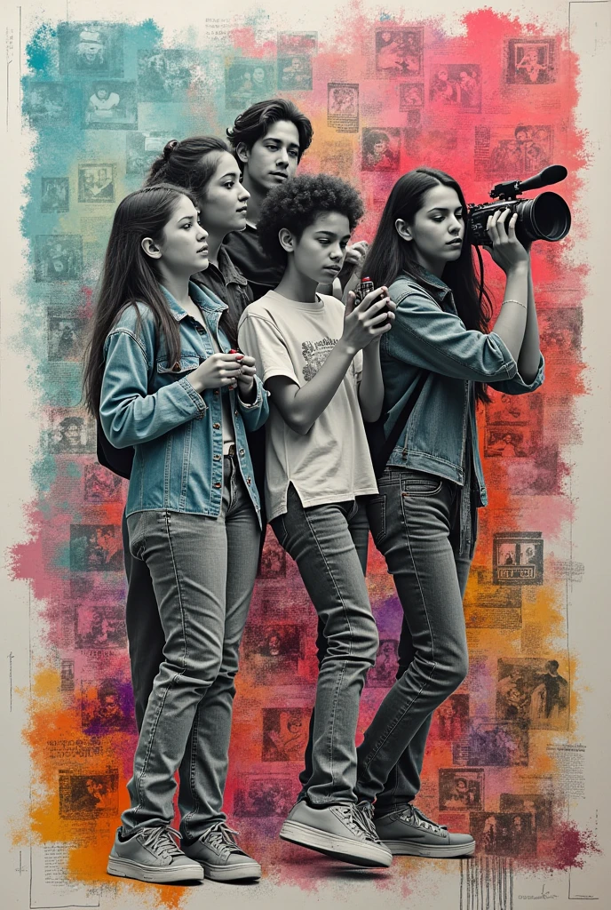 I have to creatively create a poster for a film festival, The theme is to intervene in history and requires using photos other than black and white of students making films., The photos are not related to each other and remain in black and white out of nostalgia.. I must use elements of intervention on the black and white photos, an official palette of pastel sky blue, pastel pink and a pastel copper color, They want me to intervene in the images in a sober and experimental way with different techniques and these colors, with crayons, figures embroidered on the image, Textures, collage, etc. The name of the film festival is FICUC. I want you to create suggestions for the poster right now, Make it look handmade and remember that the poster is advertising a film festival. Let it be ingenious, epic and visually communicate the theme of cinema and creativity. Don't forget to leave a space for the name of the festival.