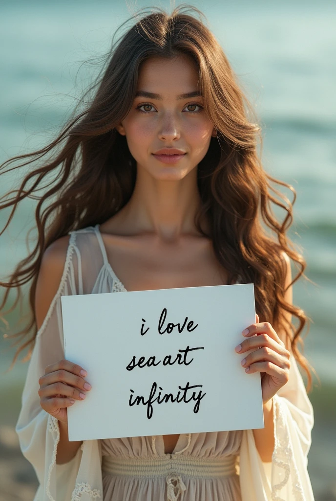 Beautiful girl with wavy long hair, bohemian dress, holding a white board with text "I Love Seaart Infinity" and showing it to the viewer