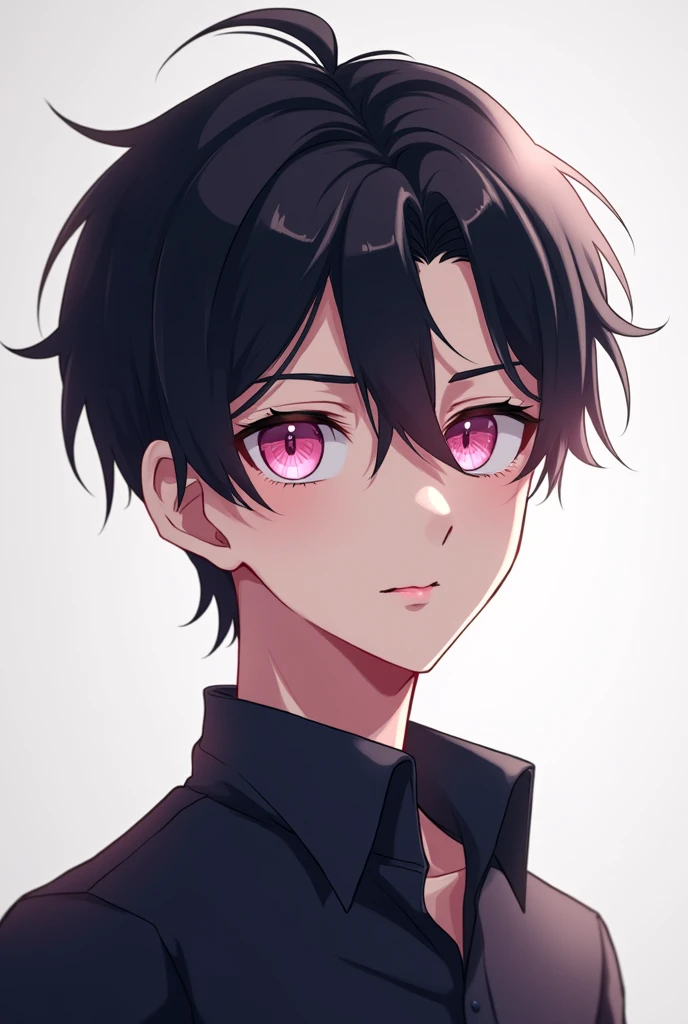 Create a Young Male, dark haired and pink eyed, with a calm expression. He's wearing a dark shirt. His hair has bangs parted in the middle.. Make it in 2D anime style drawing